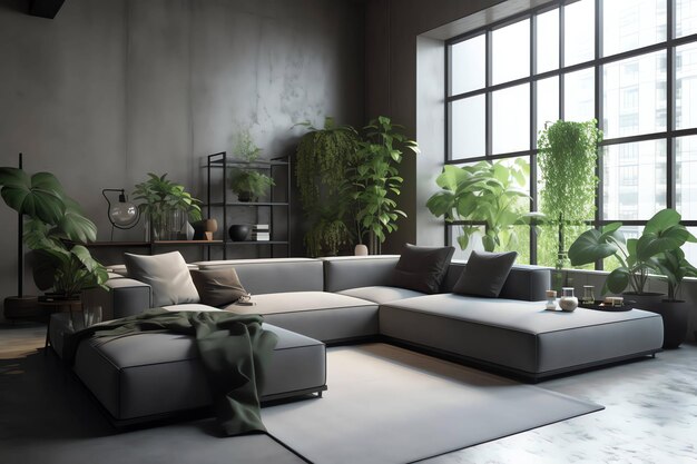 A living room with a couch and a window with plants on it.