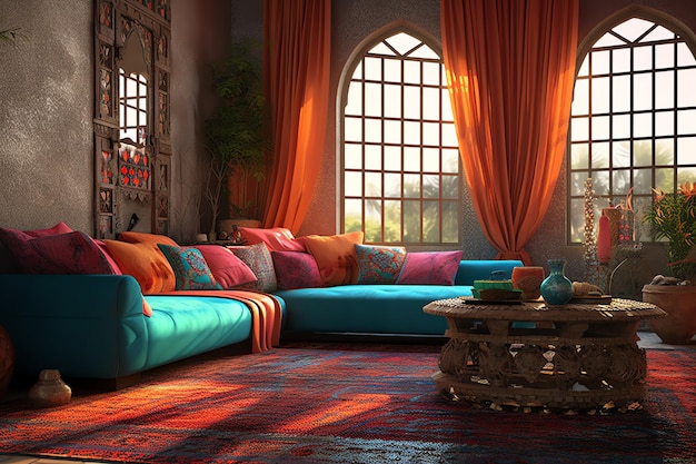 A living room with a couch and a window with a red curtain