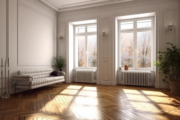 A living room with a couch and a window with the sun shining through the windows.