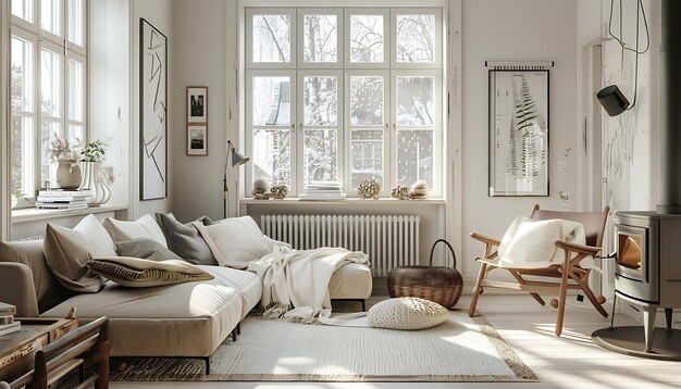 a living room with a couch and a window with a white frame