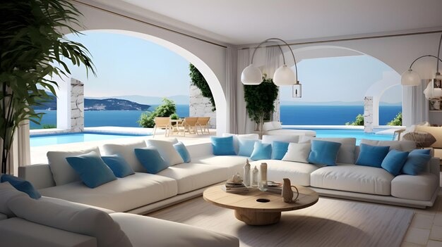 a living room with couches chairs and a view of the ocea