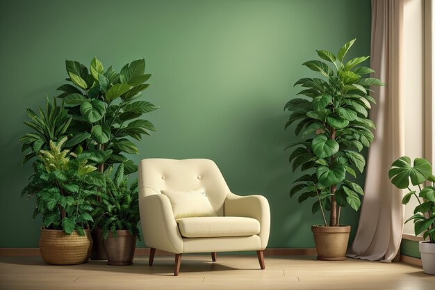 Living room with cream color fabric armchair and plants on empty green wall background