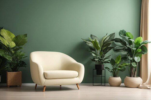 Photo living room with cream color fabric armchair and plants on empty green wall background