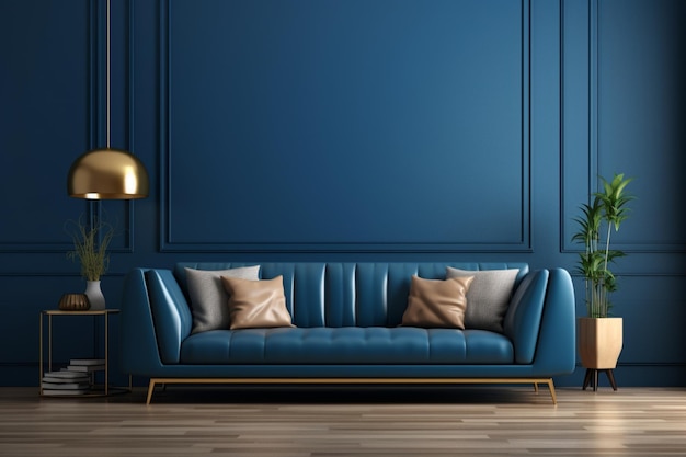 Living room with dark blue sofa