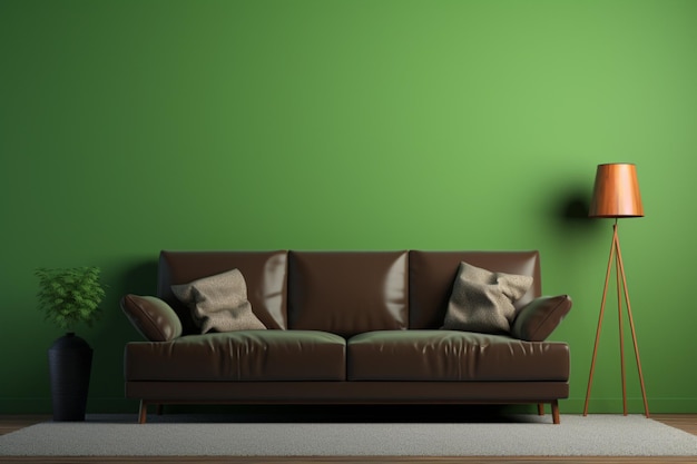 Living room with dark brown sofa and light green walls