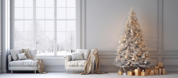 Living room with a decorated Christmas tree depicted in