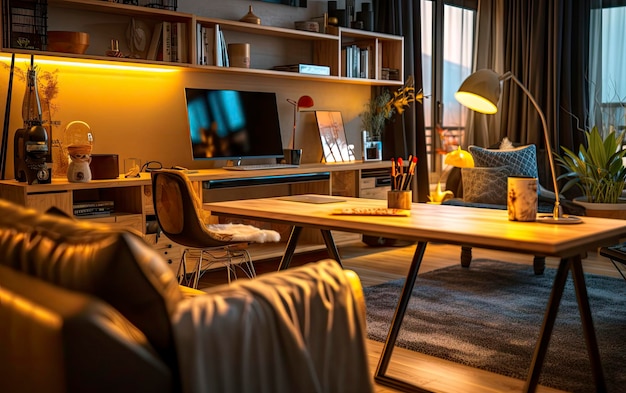 A living room with a desk and a lamp that says'home'on it