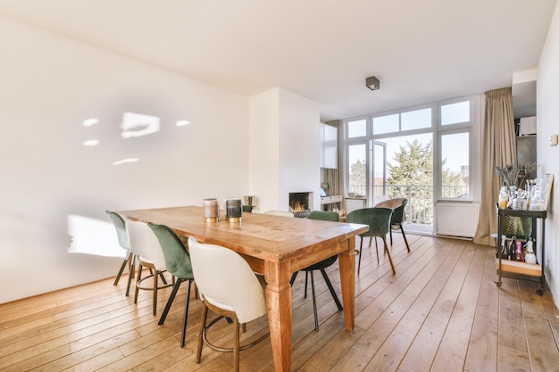 Living room with dining and working areas