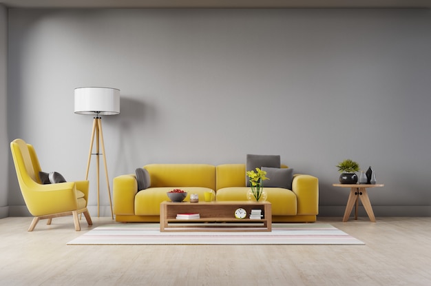 Living room with fabric yellow sofa, yellow armchair, lamp and green plant in vase on dark wall 