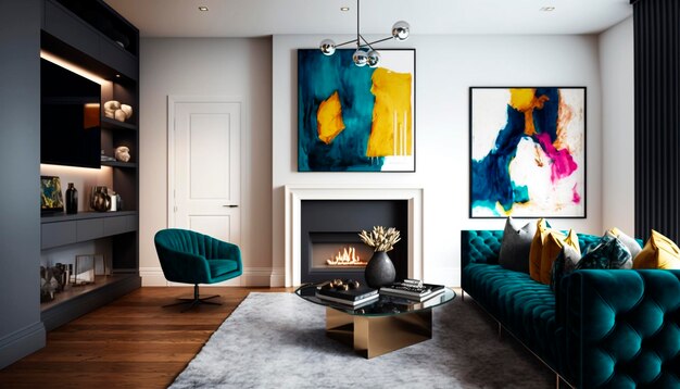 A living room with a fireplace and a blue sofa.