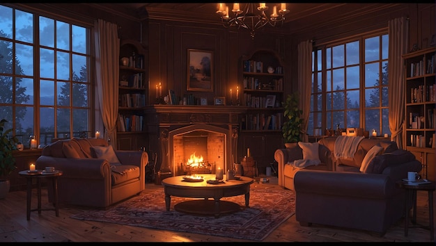 A living room with a fireplace and bookshelf