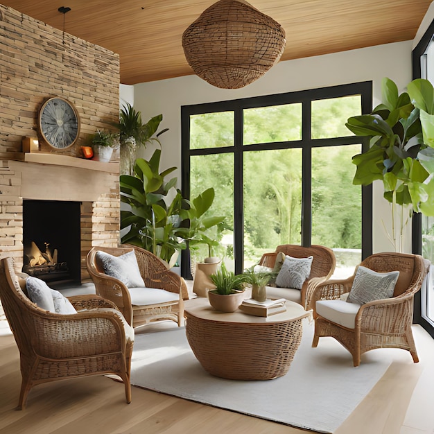 a living room with a fireplace and a brick wall with a fire place in the center