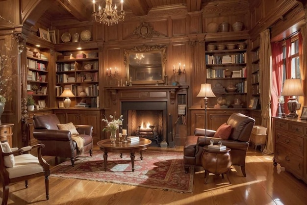 A living room with a fireplace and a chandelier that says " the word " on it.