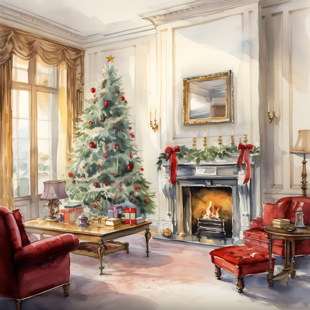 a living room with a fireplace and christmas tree in the corner