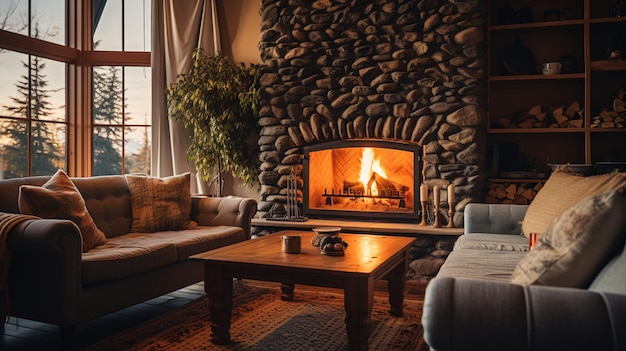 Photo living room with a fireplace and comfortable furniture ai generative