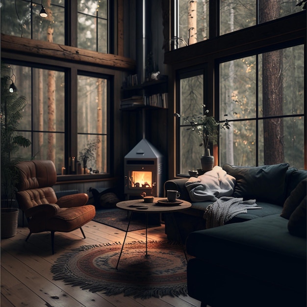 A living room with a fireplace and a couch with a pillow on it