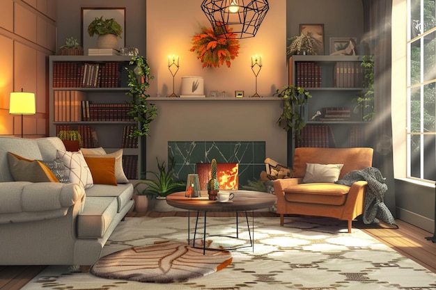 a living room with a fireplace and a couch with pillows and a fireplace