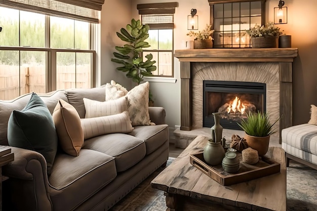 A living room with a fireplace and a couch with pillows on it