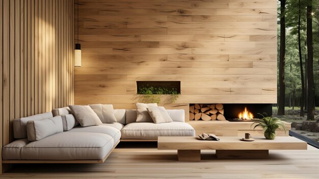 a living room with a fireplace and a couch