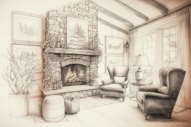 Living room with fireplace and cozy armchairs surrounded by pencil sketches of nature