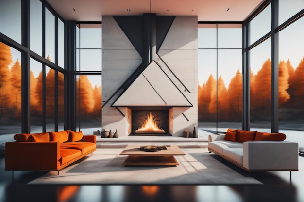 A living room with a fireplace and a fireplace with a tree in the background.