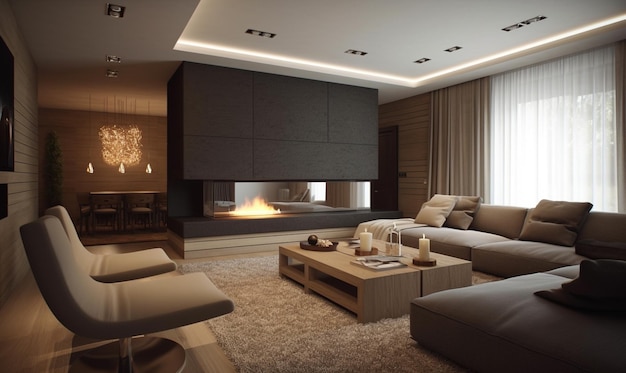 A living room with a fireplace and a fireplace