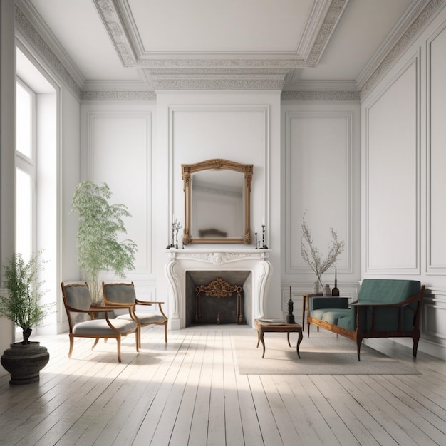 A living room with a fireplace and a green plant in the corner.