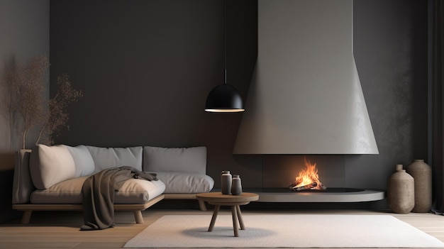 A living room with a fireplace and a lamp that says the word on it