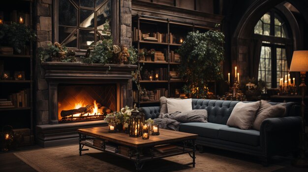 Photo a living room with a fireplace and a mirror