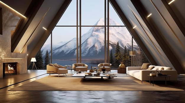 A living room with a fireplace and a mountain view generative ai image