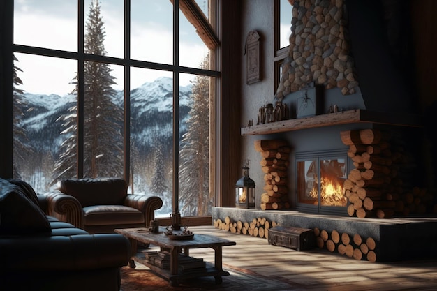 A living room with a fireplace and a mountain view