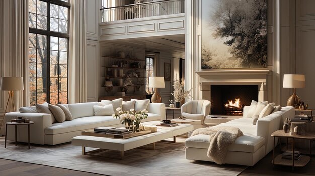 Photo a living room with a fireplace and a painting of a tree