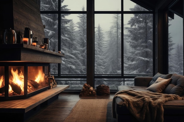 Living room with fireplace and panoramic window with view on the mountains Generative AI illustration