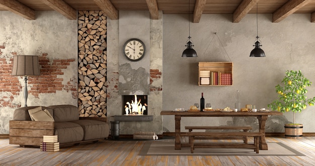 Photo living room with fireplace in rustic style