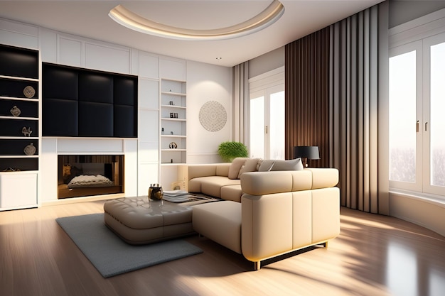 a living room with a fireplace and a tv on the wall