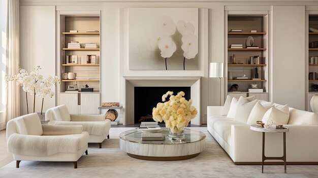 Photo a living room with a fireplace and a vase of flowers on the table