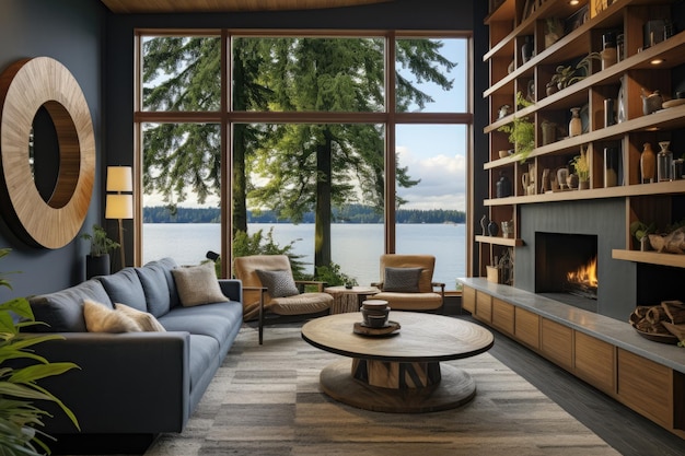 A living room with a fireplace and a view of the lake.