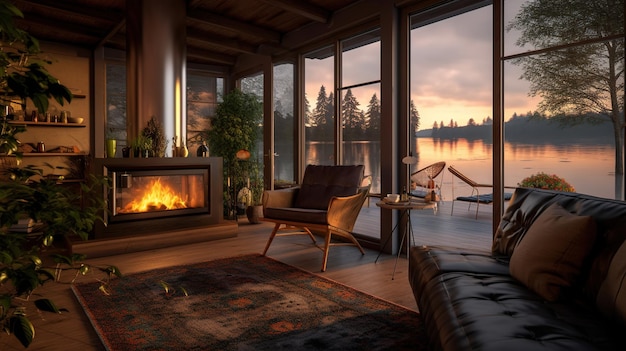 暖炉と湖の景色のリビングルーム