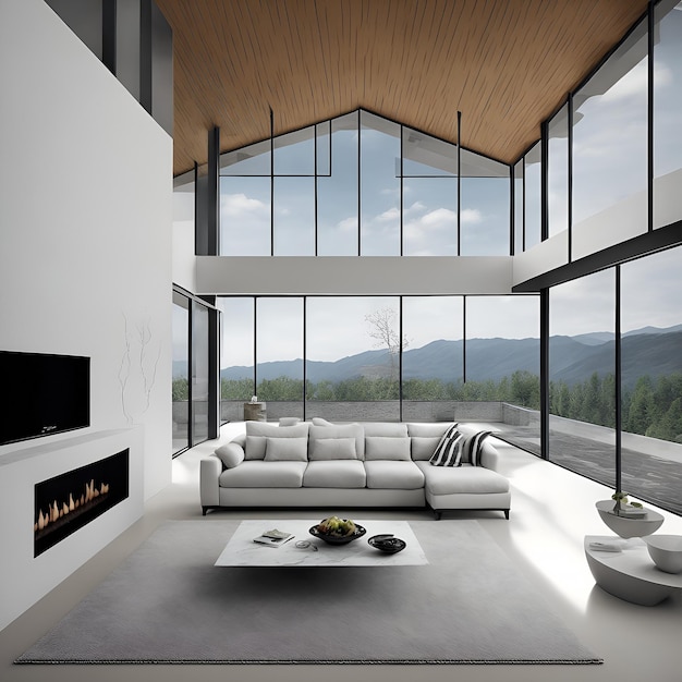 A living room with a fireplace and a view of the mountains.