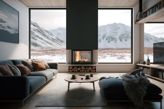 暖炉のあるリビングルームと山の景色。