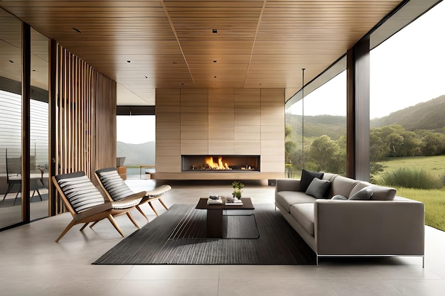 Living room with a fireplace and a view of the mountains