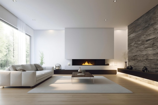 A living room with a fireplace and a white couch.