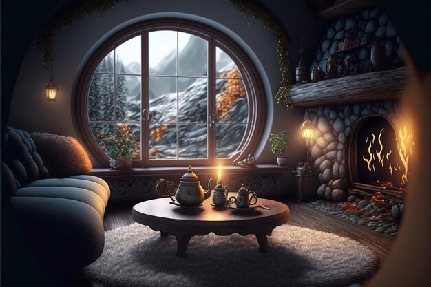 暖炉と山の景色を望む窓のあるリビングルーム。