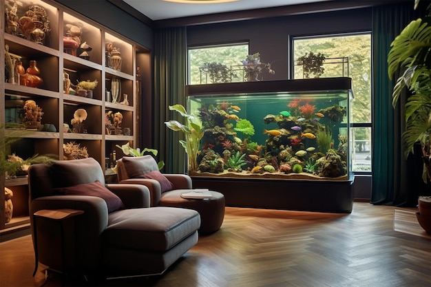 Premium Photo  A living room with a fish tank and a large aquarium.