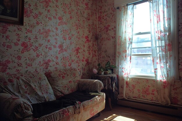 A living room with a floral wallpaper and a couch with a black cover