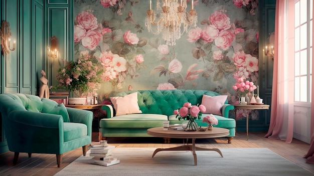 Жилая комната с цветочными обоями и зеленым диваном.