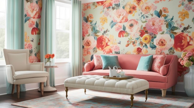 A living room with a floral wallpaper and a pink couch.