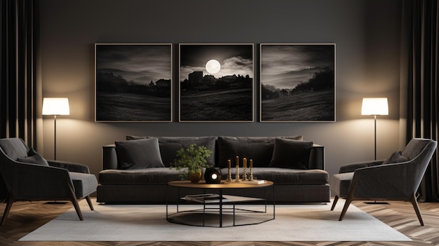 A living room with a full moon and three frames on the wall.