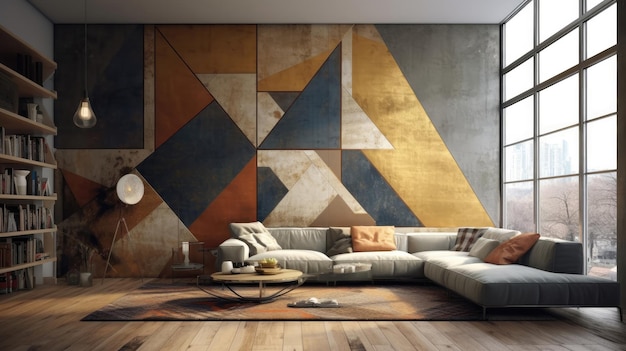 Living Room With Full Wall Flat Geometric Gold Generative AI