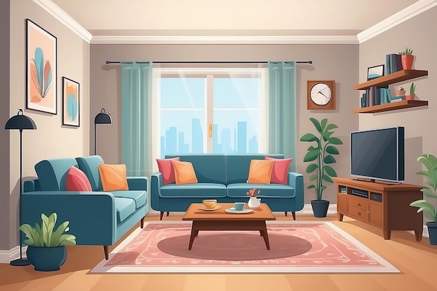 家具付きのリビングルーム ソファとテレビ付きの居心地の良いインテリア フラットスタイルのベクトルイラスト